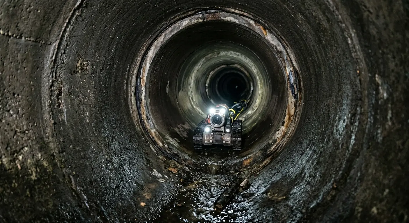 Robotic sewer camera inspecting pipe interior for Sewer Line Cleaning in Countryside