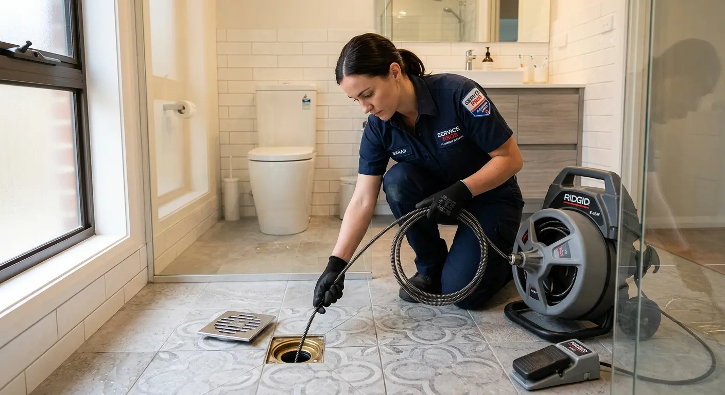 Technician clearing a bathroom floor drain for Sewer Line Installation in Countryside